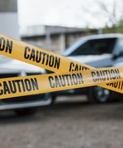 Black and white vehicles. Yellow caution tape near the car parking lot at daytime. Crime scene