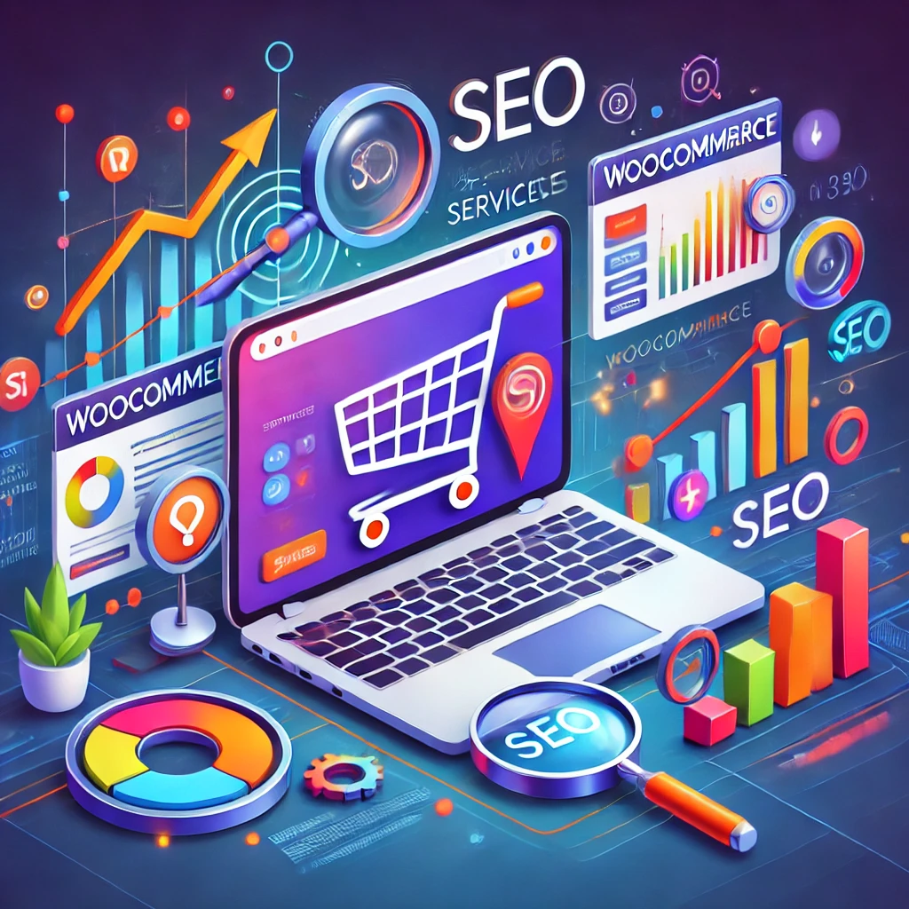 DALL·E 2024-11-04 12.25.50 - A modern digital illustration representing 'WooCommerce SEO Services.' The image includes elements like a laptop screen displaying WooCommerce product